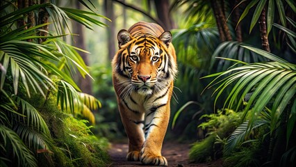 Wall Mural - a fierce tiger roaming through the lush jungle , wildlife, predator, animal, tiger, carnivore, jungl