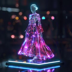 A holographic fashion show with virtual models showcasing digital clothing designs