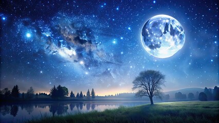 Wall Mural - night landscape with stars and the full moon , night sky, stars, moon, landscape, panorama, hdri map