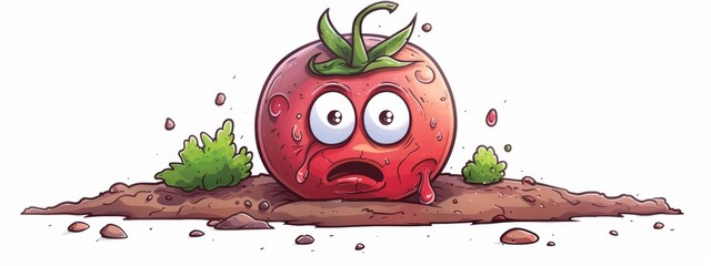 Wall Mural -  A sad tomato cartoon character sits atop a mound of dirt, sprouting a single leaf