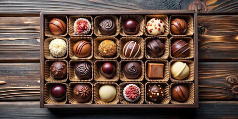 Wall Mural - Delicious assortment of chocolate candies in a decorative box, chocolate, candies, assortment, gourmet, treats, box