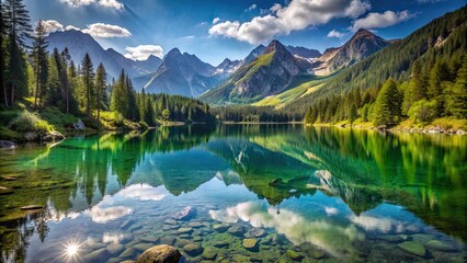 Canvas Print - A serene lake nestled in the heart of the mountains , tranquil, nature, landscape, scenic, peaceful, reflection, water