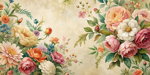 Poster - Beautiful vintage wallpaper featuring a botanical flower bunch , botanical, vintage, wallpaper, floral, decoration, retro