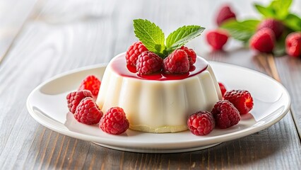 Poster - Creamy Italian panna cotta topped with fresh raspberries on a white plate, panna cotta, Italian dessert, cream, sweet