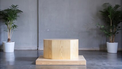 Poster - Minimalist birch wood podium in light tones for stylish product displays, podium, birch wood, minimalist, light tones