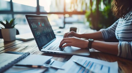 Wall Mural - female executive working on laptop with financial documents