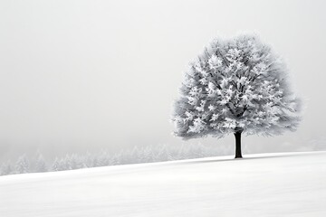 Wall Mural - A minimalist snow-covered landscape, single tree, soft white and grey tones, quiet and serene. hd quality, natural look