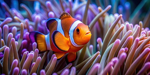 Poster - Vibrant photo of a clownfish swimming among the tentacles of a sea anemone, clownfish, sea anemone