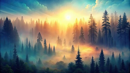 Sticker - Misty forest sunrise nature abstract wallpaper background with trees and gradient colors, forest, misty, sunrise, nature