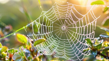 Dewy Spider Web Sparkling in Morning Light, Serene Nature Photography Close-Up.