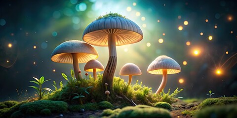 Canvas Print - Whimsical plant with oversized, luminescent mushrooms emitting a soft glow , fantasy, magical, enchanted, fairy tale