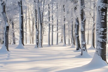 Wall Mural - A minimalist snowy forest, soft white tones, gentle shadows, peaceful and serene. hd quality, natural look