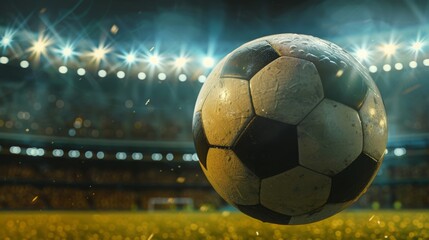 Wall Mural - a soccer ball in closeup flying in the air on a big soccer field stadium at night filled with stadium lights