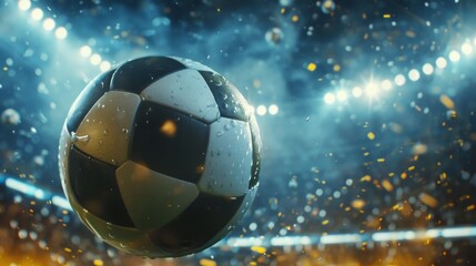 Wall Mural - a soccer ball in closeup flying in the air on a big soccer field stadium at night filled with stadium lights