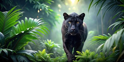 Wall Mural - black panther prowling through lush jungle habitat, panther, fierce, wild, animal, predator, jungle,