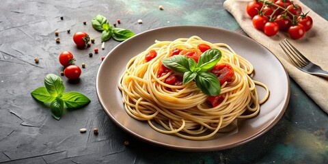 Canvas Print - Delicious plate of spaghetti garnished with fresh basil leaves, Italian cuisine, pasta, spaghetti, basil, herbal, food photography