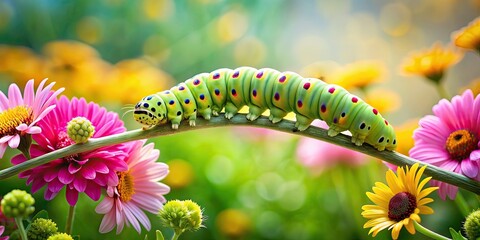 Canvas Print - Green caterpillar crawling on a branch surrounded by vibrant flowers, caterpillar, green, branch, flowers, nature, wildlife