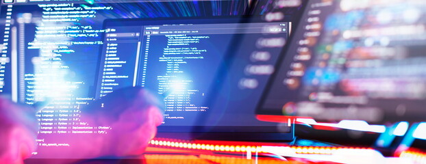 Wall Mural - work from home. programmer coding code on notebook screen at home.