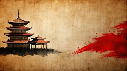 Canvas Print - Minimalist Japanese palace zen style artwork with red and black brush strokes on brown background , Zen, Japanese