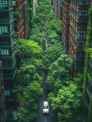 Sticker - A white SUV driving on the road through a green forest, drone view from above, award winning photography, shot with a Sony Alpha A7 III and an ultra-wide-angle lens