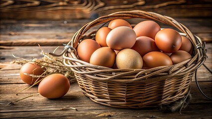 Poster - A close-up shot of a rustic basket filled with fresh eggs , basket, eggs, farm, organic, fresh, natural, healthy, food