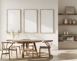 Wall Mural - Three wooden frames hang on the wall of an elegant dining room with modern furniture