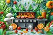 © Benjawan - Illustration style brief in 3D vectors of friends having a barbecue, with realistic highlights, bold colors, and a cheerful atmosphere, white background, 3D Rendering, isometric