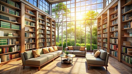 Poster - A peaceful library interior with rows of bookshelves, comfortable seating