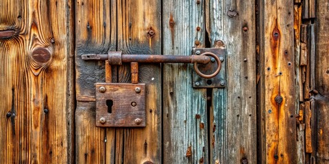 Sticker - A weathered old wooden door with a rusty lock, weathered, old, wooden, door, lock, vintage, aged, entrance, rustic, security