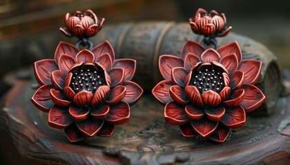 Wall Mural - Red flower earrings on wooden box, perfect for adding a pop of color to any outfit.