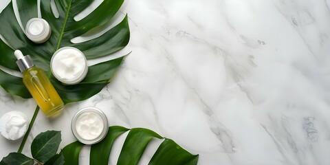 Wall Mural - Flat lay of natural skincare products and green leaves on white marble. Concept Flat Lay Photography, Natural Skincare Products, Green Leaves, White Marble Background