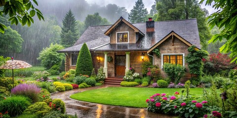 Poster - A cozy home surrounded by a lush garden in the rain , house, residence, greenery, plants, nature, cozy, comfort, relaxation