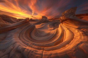 Wall Mural - A mysterious desert landscape with colossal, smooth rock formations and swirling sand dunes, under a twilight sky with vibrant orange and pink hues, casting long shadows