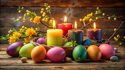 Canvas Print - A beautifully arranged Easter still life featuring colorful eggs and lit candles, Easter, still life, eggs, candles