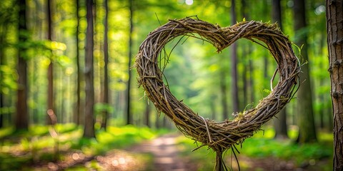 Sticker - A heart-shaped twig structure nestled in a serene forest setting , love, nature, woods, peaceful, harmony, forest, trees