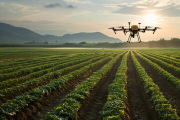 Aerial view of modern agriculture with drones monitoring crops for efficient farming practices, Landscape view of a digital farm using drone technology, AI generated