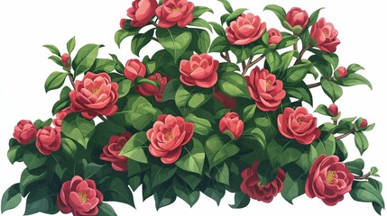 Sticker - A colorful garden bush covered in bright red camellia flowers, isolated on a white background. Anime foliage, anime background