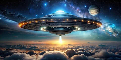 Poster - Futuristic alien spacecraft hovering in the night sky, science fiction, outer space, futuristic, UFO