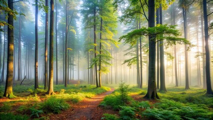 Poster - Misty morning in the forest , fog, trees, nature, peaceful, tranquility, serene, calm, mist, woods, green, lush, foliage