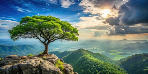 Sticker - Green tree on the surface of a mountain with a breathtaking view , Nature, mountain, tree, green, lush, landscape