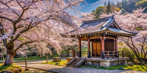 Poster - Secluded shrine surrounded by cherry blossoms, a peaceful sanctuary in nature, shrine, cherry blossoms, canopy, sanctuary