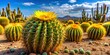 © Sujid - Yellow blooming Mexican round cacti in a desert landscape, desert, landscape, Mexico, cactus, yellow, blooming, round, succulent, arid