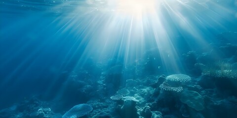 Wall Mural - Beautiful underwater scene with sun rays shining through deep blue sea. Concept Underwater Photography, Sun Rays, Deep Blue Sea, Beautiful Scenery