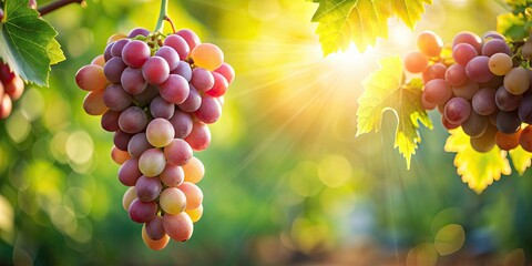 Sticker - Fresh grape on branch illuminated by sunlight , grape, fruit, vine, organic, healthy, natural, agriculture, harvest, sunny