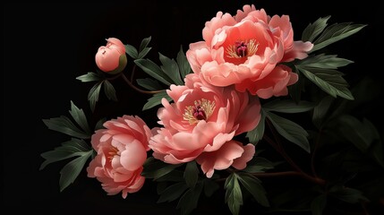 Canvas Print - An peony bush with large pink flowers in full bloom, isolated on a black background. Anime foliage, anime background