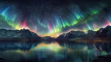 panorama with northern lights in night starry sky against background of mountains and lakes. illustr
