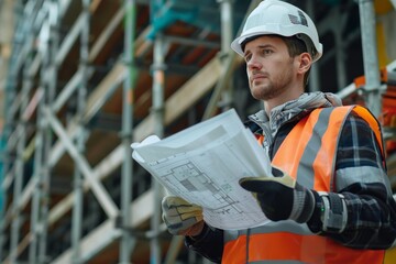 Wall Mural - A construction engineer wearing a hard hat and safety vest carefully inspects blueprints while standing on a scaffolding platform