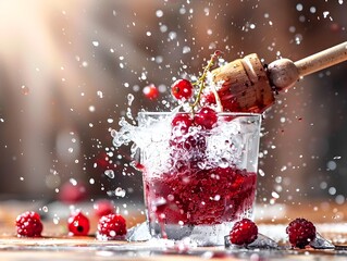 Wall Mural - Muddler Crushing Juicy Berries in a Glass,Releasing Rich Red Liquid Splash