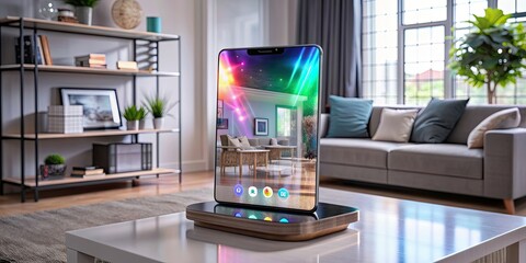 Canvas Print - Futuristic holographic smartphone display in modern living room, futuristic, holographic, smartphone, display