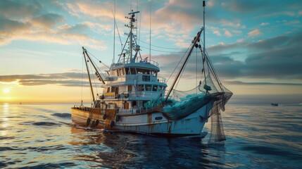 Wall Mural - A sustainable fishing trawler with eco-friendly nets and sorting systems